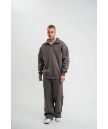 Üç İplik Uzun Kol Yakalı Eşofman Takım - Füme