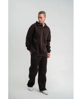 Üç İplik Uzun Kol Yakalı Eşofman Takım - Kahve