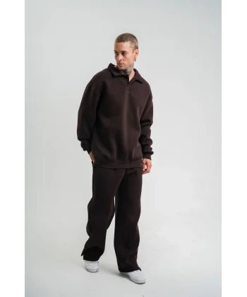 Üç İplik Uzun Kol Yakalı Eşofman Takım - Kahve