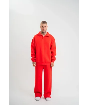 Üç İplik Uzun Kol Yakalı Eşofman Takım - Kırmızı