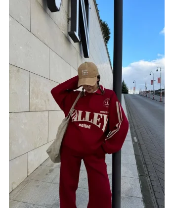Üç İplik Yakalı Sweat Baggy Pantalonlu Takım - Bordo