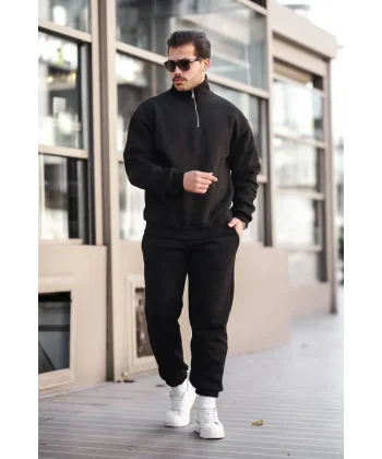 Üç İplik Yarım Fermuarlı Eşofman Takım - Siyah