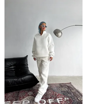 Üç İplik Yarım Fermuarlı Kışlık Eşofman Takım - Beyaz