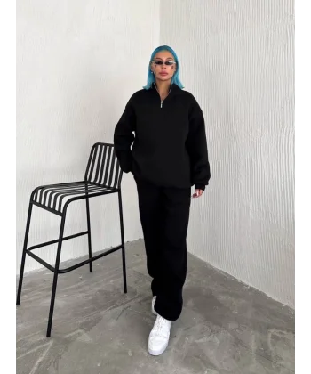 Üç İplik Yarım Fermuarlı Kışlık Eşofman Takım  iyah