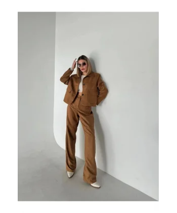 üet Ceket Palazzo Pantolon İkili Takım  Kahve