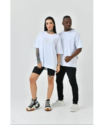 Unisex Basic Bisiklet Yaka Oversize Thirt  Beyaz