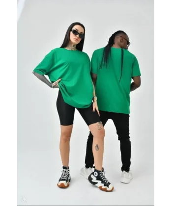 Unisex Basic Bisiklet Yaka Oversize Thirt  Yeşil