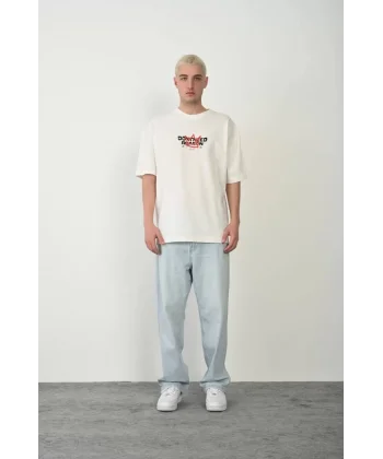 Unisex Baskılı Bisiklet Yaka Oversize T-Shirt - Beyaz