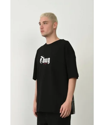 Unisex Baskılı Bisiklet Yaka Oversize T-Shirt - Siyah