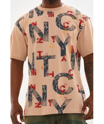 Unisex Baskılı Oversize T-Shirt - Bej