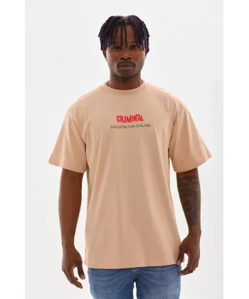 Unisex Baskılı Oversize T-Shirt - Bej