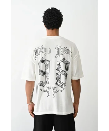 Unisex Baskılı Oversize T-Shirt - Beyaz