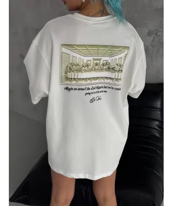 Unisex Baskılı Oversize T-Shirt - Beyaz