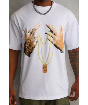 Unisex Baskılı Oversize T-Shirt - Beyaz