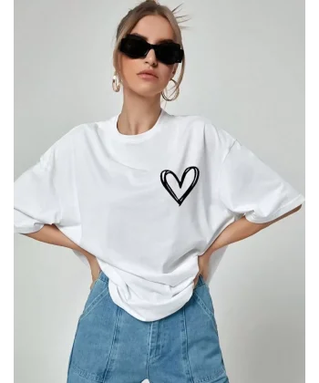 Unisex Baskılı Oversize T-Shirt - Beyaz