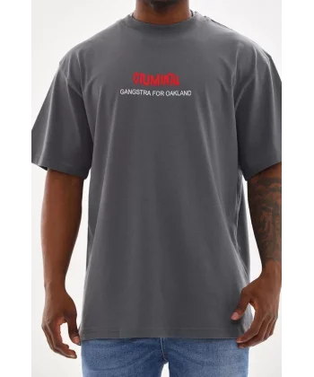 Unisex Baskılı Oversize T-Shirt - Füme