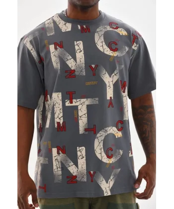 Unisex Baskılı Oversize T-Shirt - Füme