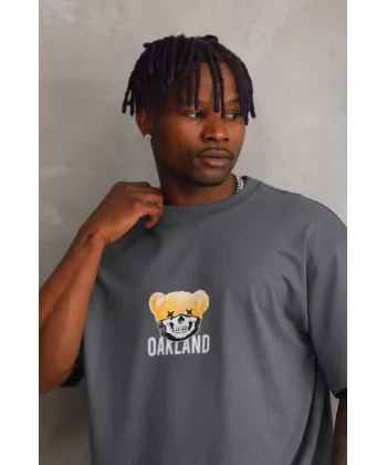 Unisex Baskılı Oversize T-Shirt - Füme