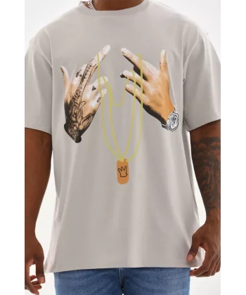 Unisex Baskılı Oversize T-Shirt - Gri