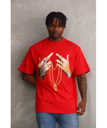 Unisex Baskılı Oversize T-Shirt - Kırmızı