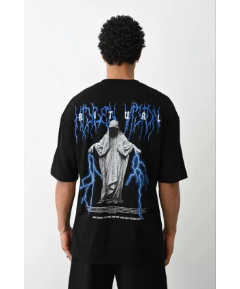 Unisex Baskılı Oversize T-Shirt - Siyah