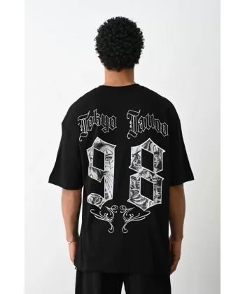 Unisex Baskılı Oversize T-Shirt - Siyah