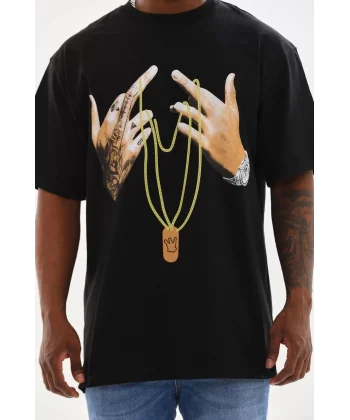 Unisex Baskılı Oversize T-Shirt - Siyah