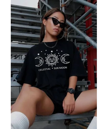 Unisex Baskılı Oversize T-Shirt - Siyah