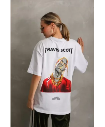 Unisex Baskılı Oversize Thirt  Beyaz