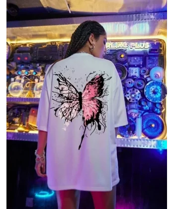 Unisex Baskılı Oversize Thirt  Beyaz