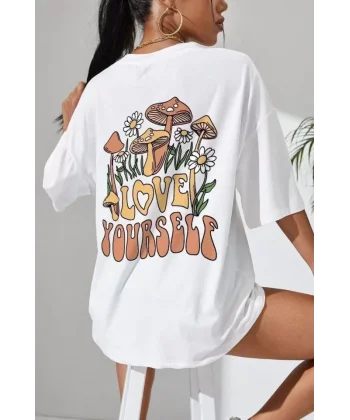 Unisex Baskılı Oversize Thirt  Beyaz