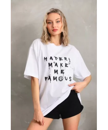 Unisex Baskılı Oversize Thirt  Beyaz