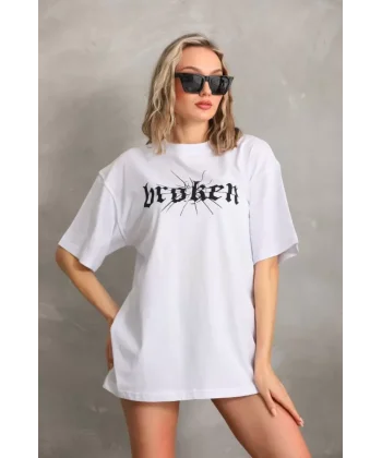 Unisex Baskılı Oversize Thirt  Beyaz
