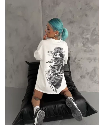 Unisex Baskılı Oversize Thirt  Beyaz