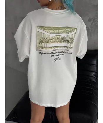 Unisex Baskılı Oversize Thirt  Beyaz