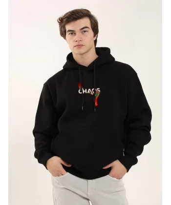 Unisex Baskılı Oversize Üç İplik Kapüşonlu Sweatshirt - Siyah