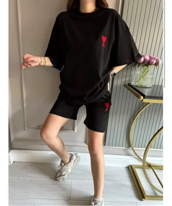 Unisex Baskılı Şortlu Oversize Takım - Siyah