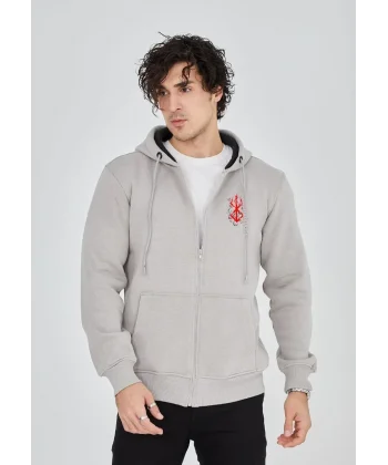 Unisex Baskılı Tam Fermuarlı Kapşonlu SweatShirt - Boyalı Gri