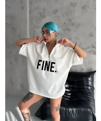 Unisex Baskılı Yarım Fermuarlı T-Shirt - Beyaz