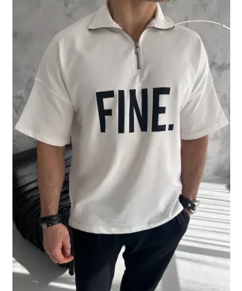 Unisex Baskılı Yarım Fermuarlı T-Shirt - Beyaz