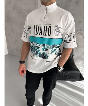 Unisex Baskılı Yarım Fermuarlı T-Shirt - Beyaz