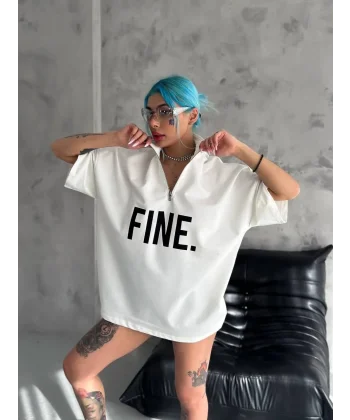 Unisex Baskılı Yarım Fermuarlı T-Shirt - Beyaz