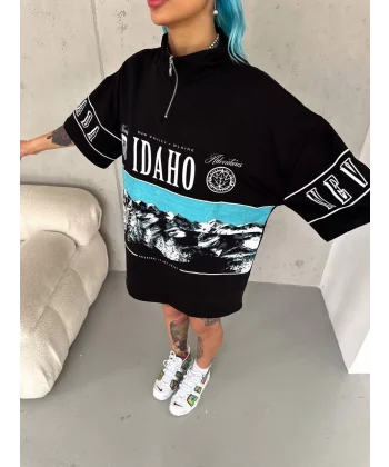 Unisex Baskılı Yarım Fermuarlı T-Shirt - Siyah