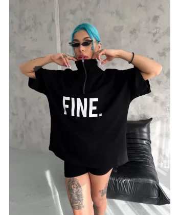 Unisex Baskılı Yarım Fermuarlı T-Shirt - Siyah