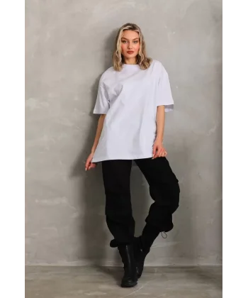 Unisex Bisiklet Yaka 20/1 Düz Oversize T-Shirt - Beyaz
