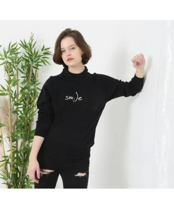 Unisex Bisiklet Yaka Baskılı Dokuma Triko - Siyah