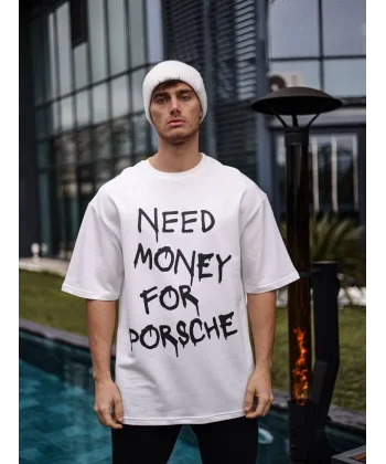 Unisex Bisiklet Yaka Baskılı Oversize T-Shirt - Beyaz