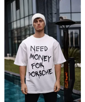 Unisex Bisiklet Yaka Baskılı Oversize T-Shirt - Beyaz