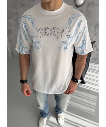 Unisex Bisiklet Yaka Baskılı Oversize T-Shirt - Beyaz