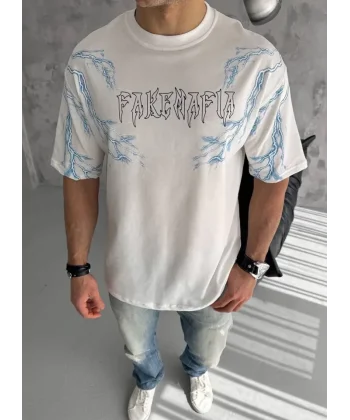 Unisex Bisiklet Yaka Baskılı Oversize T-Shirt - Beyaz